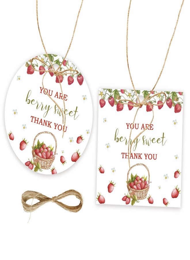 FORSHEEP 50pcs Strawberry Thank You Tags, Berry Sweet Gift Tag with String for Birthday Party, Round Thank You Paper Tags for Girl Birthday/Sweet One Party Favors - Image 1